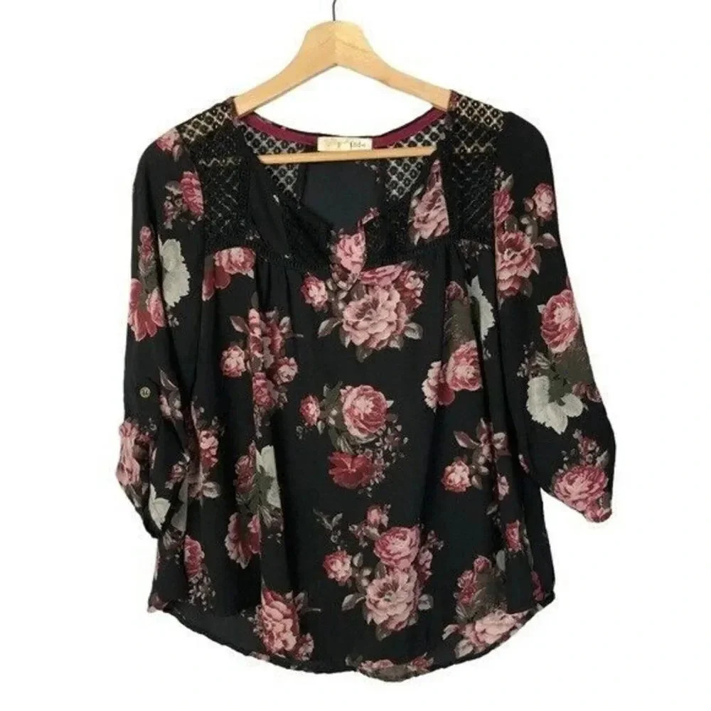 Rewind Black Pink Rose Floral Long Sleeve Blouse S